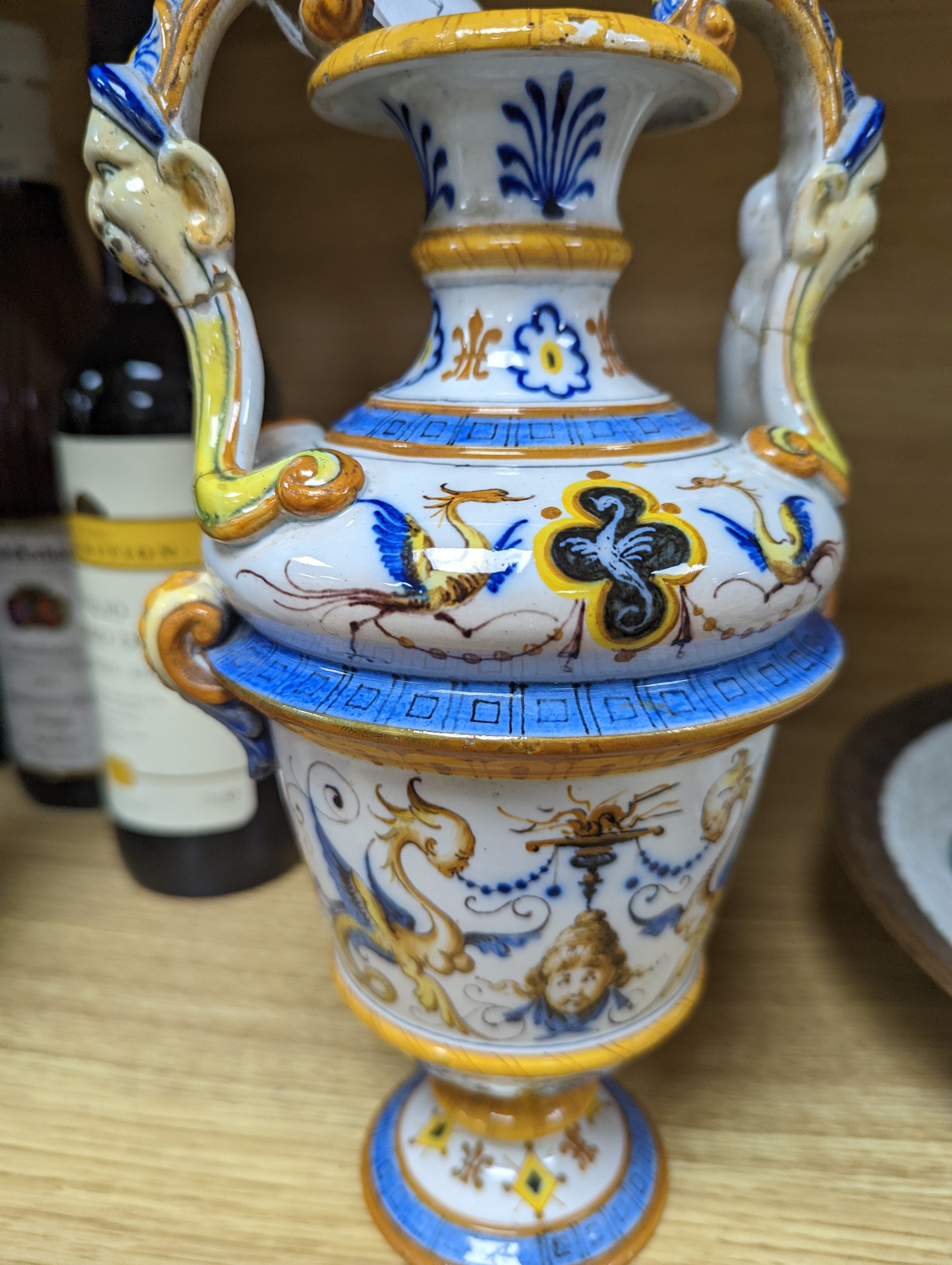 A Ginori maiolica two handled vase and Delft polychrome double cylinder teapot 27cm
